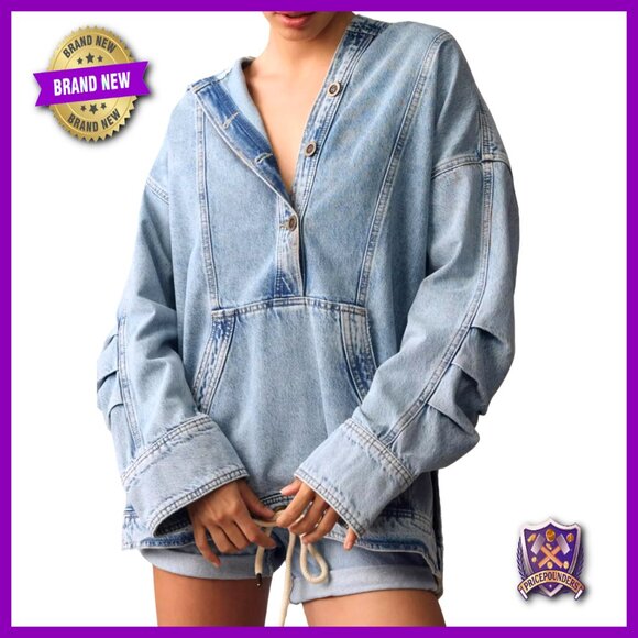 Oversized Denim Hoodie Button Up Pullover Jacket Y2K Chic Distressed Details